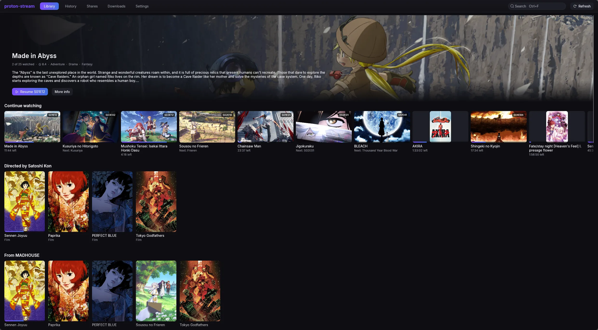 The library in the desktop app, with Continue watching and shelves by director and studio