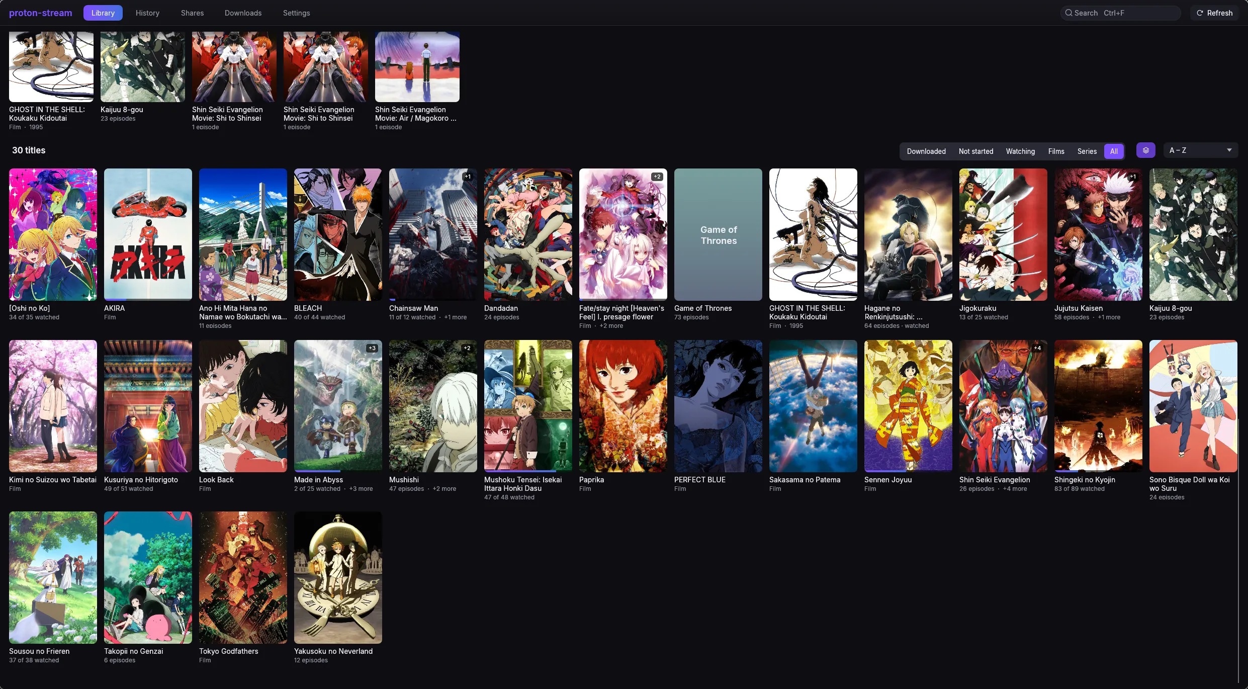 Desktop: the whole library, filtered and sorted